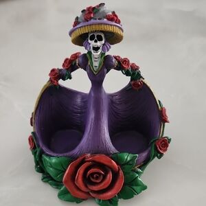 Purple Skeleton Day Of The Dead Salt And Pepper Shaker Holder with Red Roses